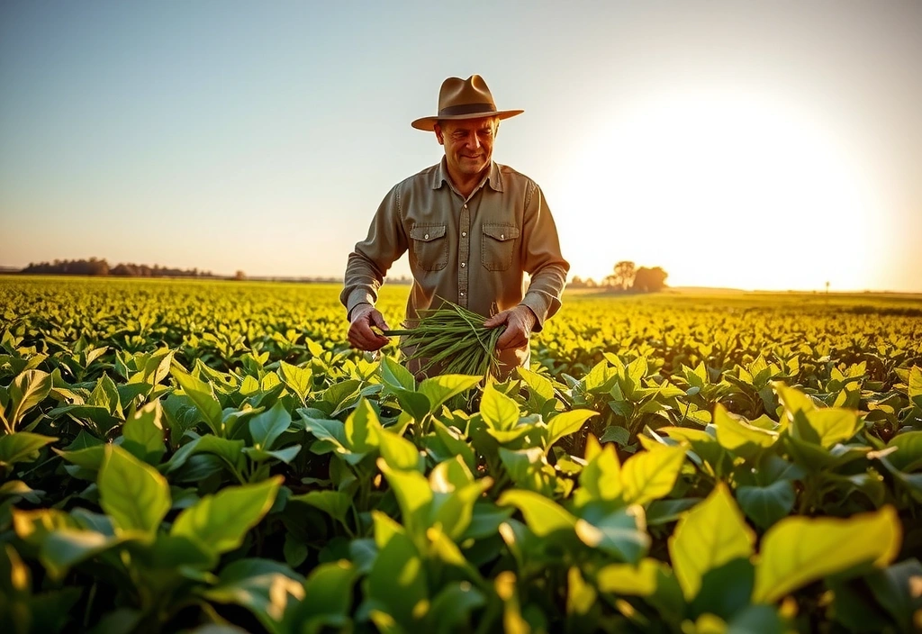 A farmer harvesting organic crops under a clear sky, symbolizing ethical sourcing