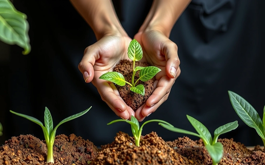 Hands holding a plant sprout in rich soil, symbolizing sustainability and growth