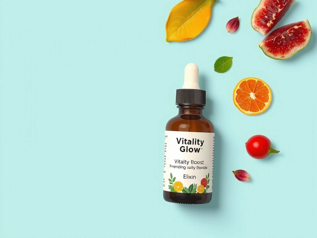 High-resolution image of Vitalityglowspainblife Boost Elixir bottle with vibrant ingredients.
