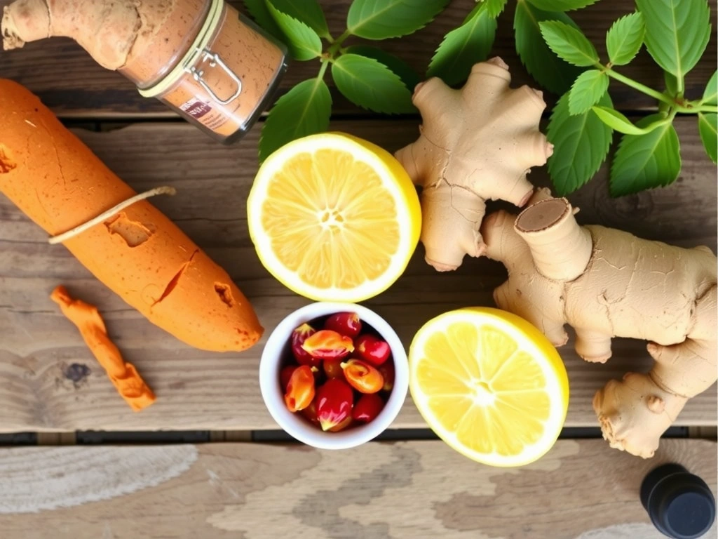 Ingredients of Vitalityglowspainblife Boost Elixir in a flat lay composition.