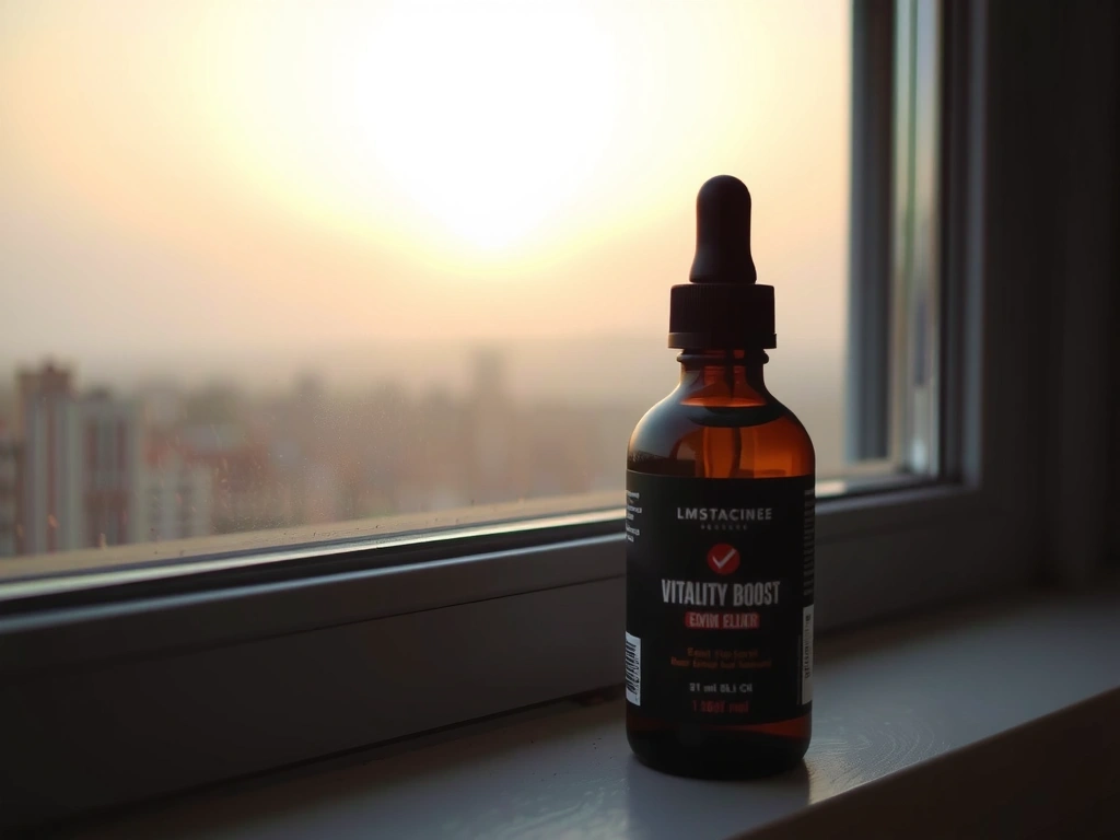 Vitalityglowspainblife Boost Elixir bottle with a morning sunrise background.